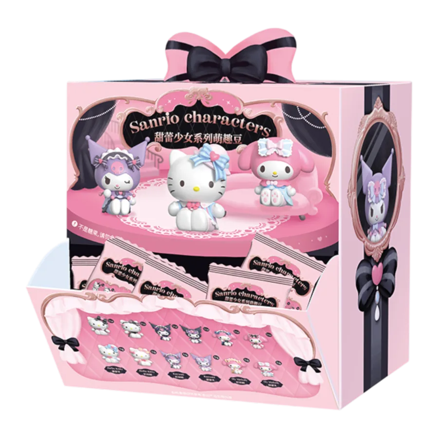 Pink packaging box with Sanrio character figurines. Blind bag series