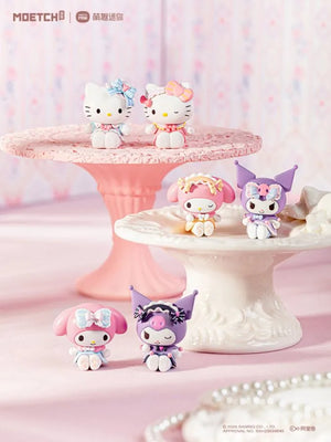 Set of cute figurines on a pink and white cake stand with a soft pink background. Sanrio blind bag
