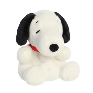 Snoopy dog Plush toy with black ears and nose, white body, and red collar on a white background