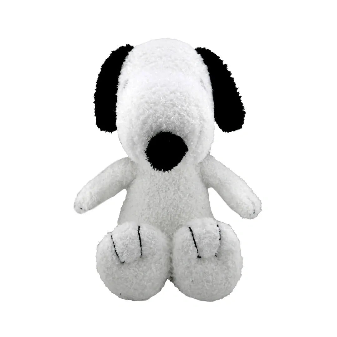 White Snoopy plush dog toy with black accents on a white background