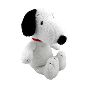 Plush toy of Snoopy dog with a red collar on a white background