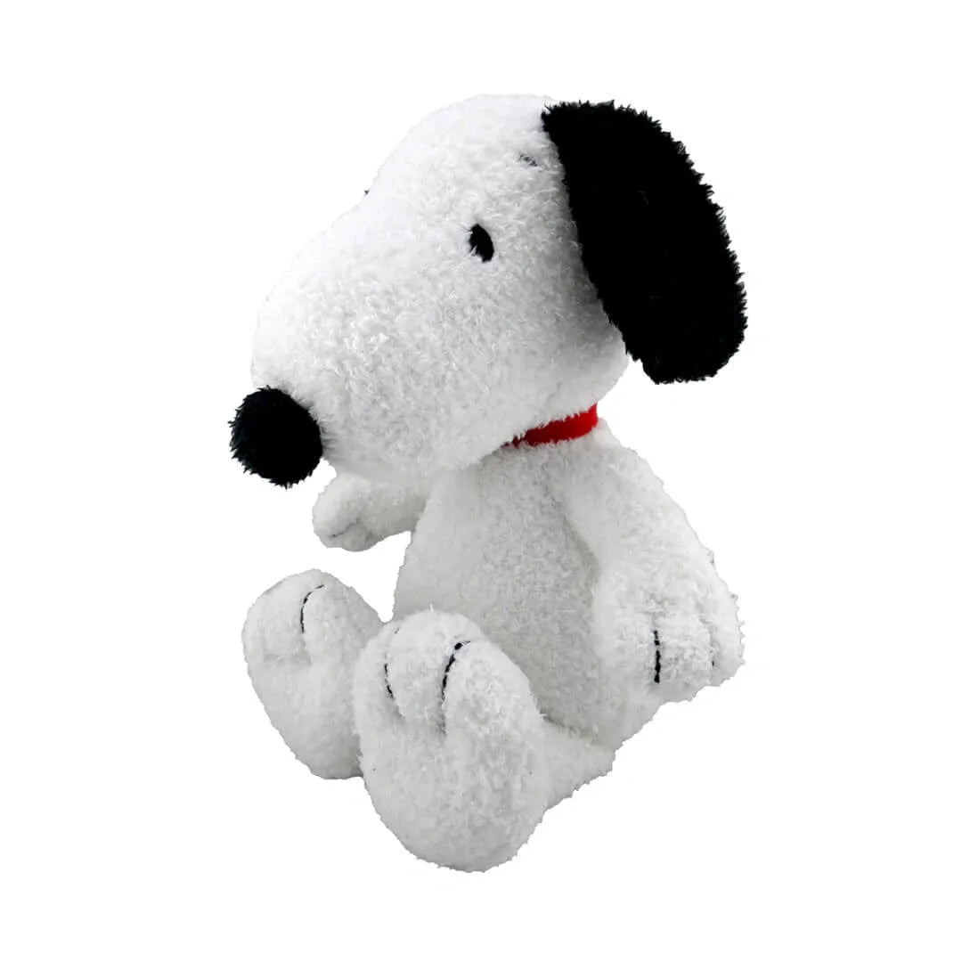 Snoopy dog Plush toy with black ears and nose, wearing a red collar