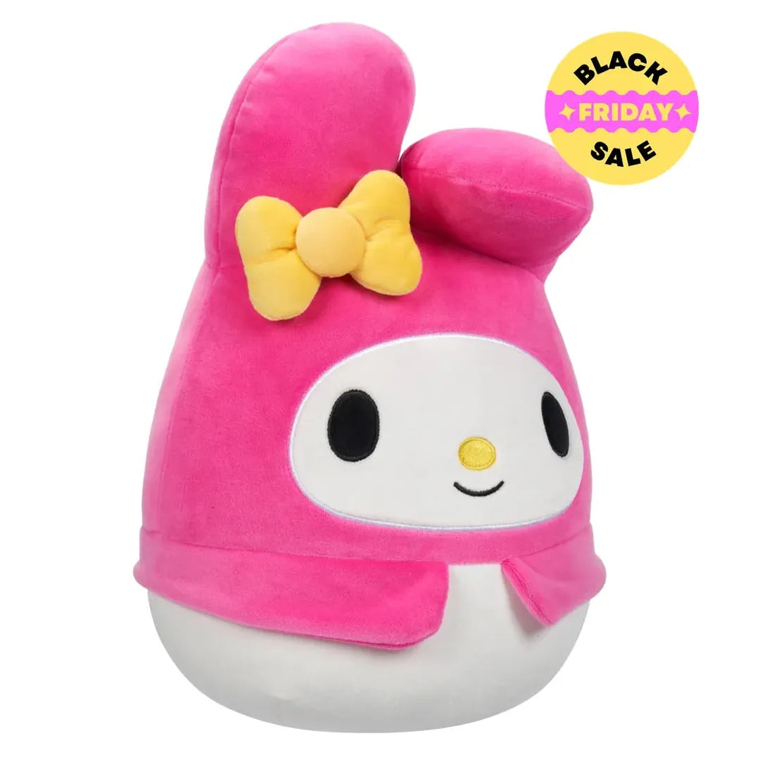 My Melody Sanrio Plush toy with pink hair and yellow bow on a white background