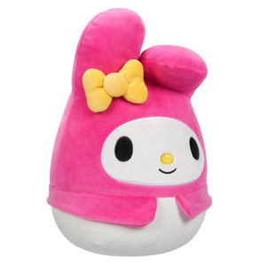 My Melody Sanrio Plush toy with pink hair and yellow bow on a white background