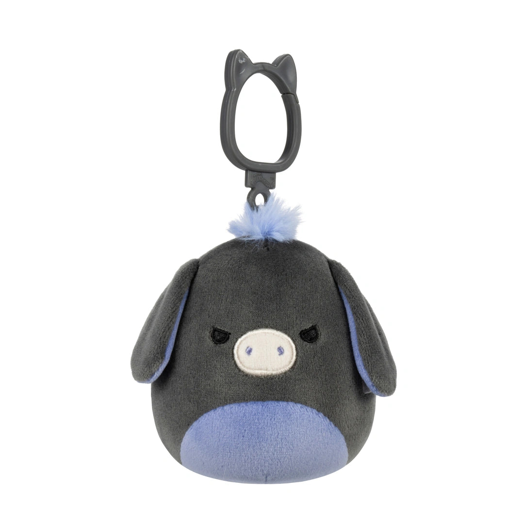 Plush keychain with a donkey gray and blue design on a white background