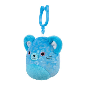 Blue plush toy with a clip on a white background
