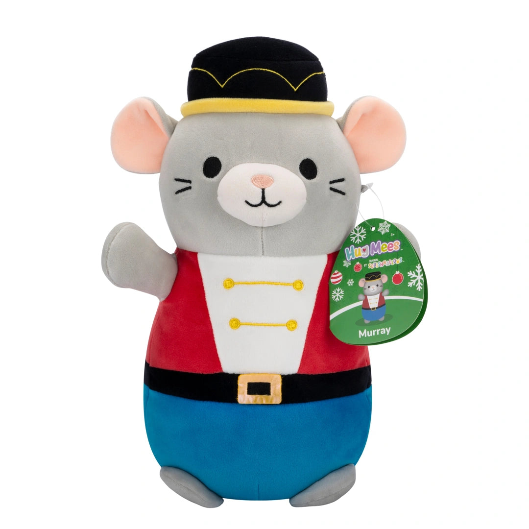 Plush toy mouse in a costume with a tag on a white background