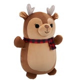 Plush toy reindeer with a red and black checkered scarf on a white background