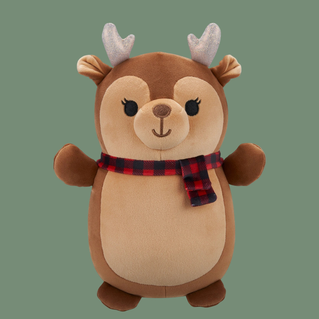 Plush toy reindeer with a red and black checkered scarf