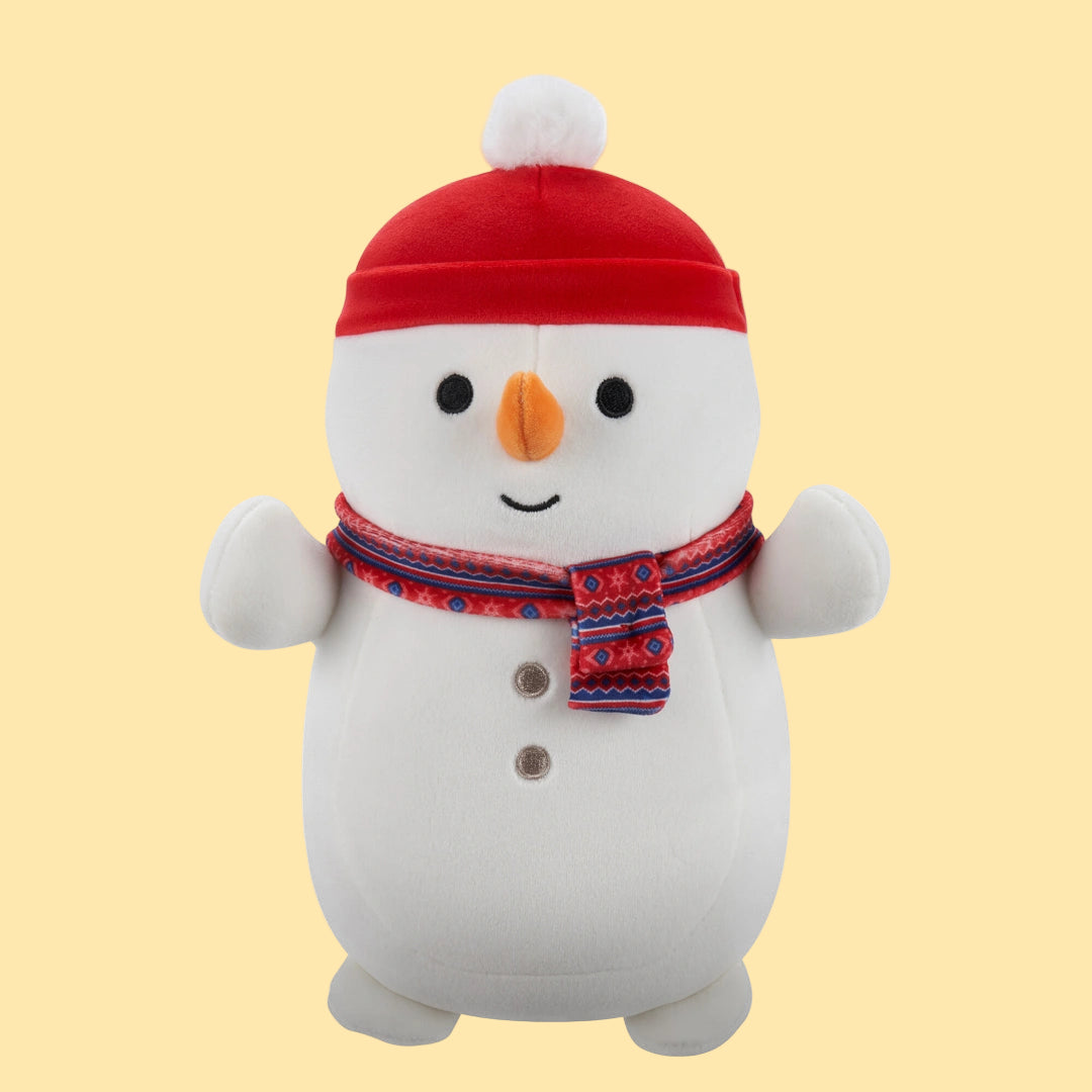 Plush snowman toy with a red hat and scarf