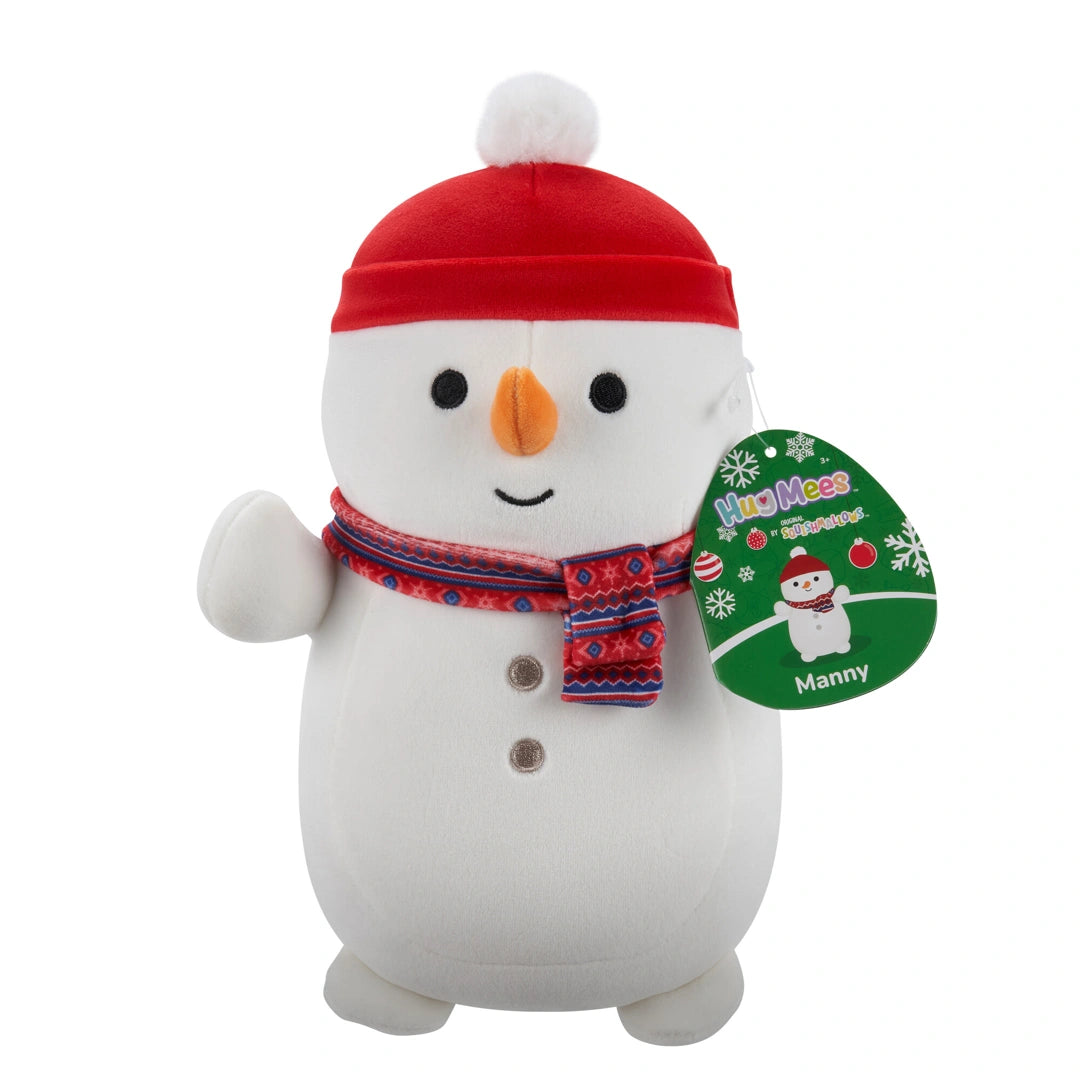 Plush snowman toy with a red hat and scarf, wearing a green tag with 'Manny' on a white background.