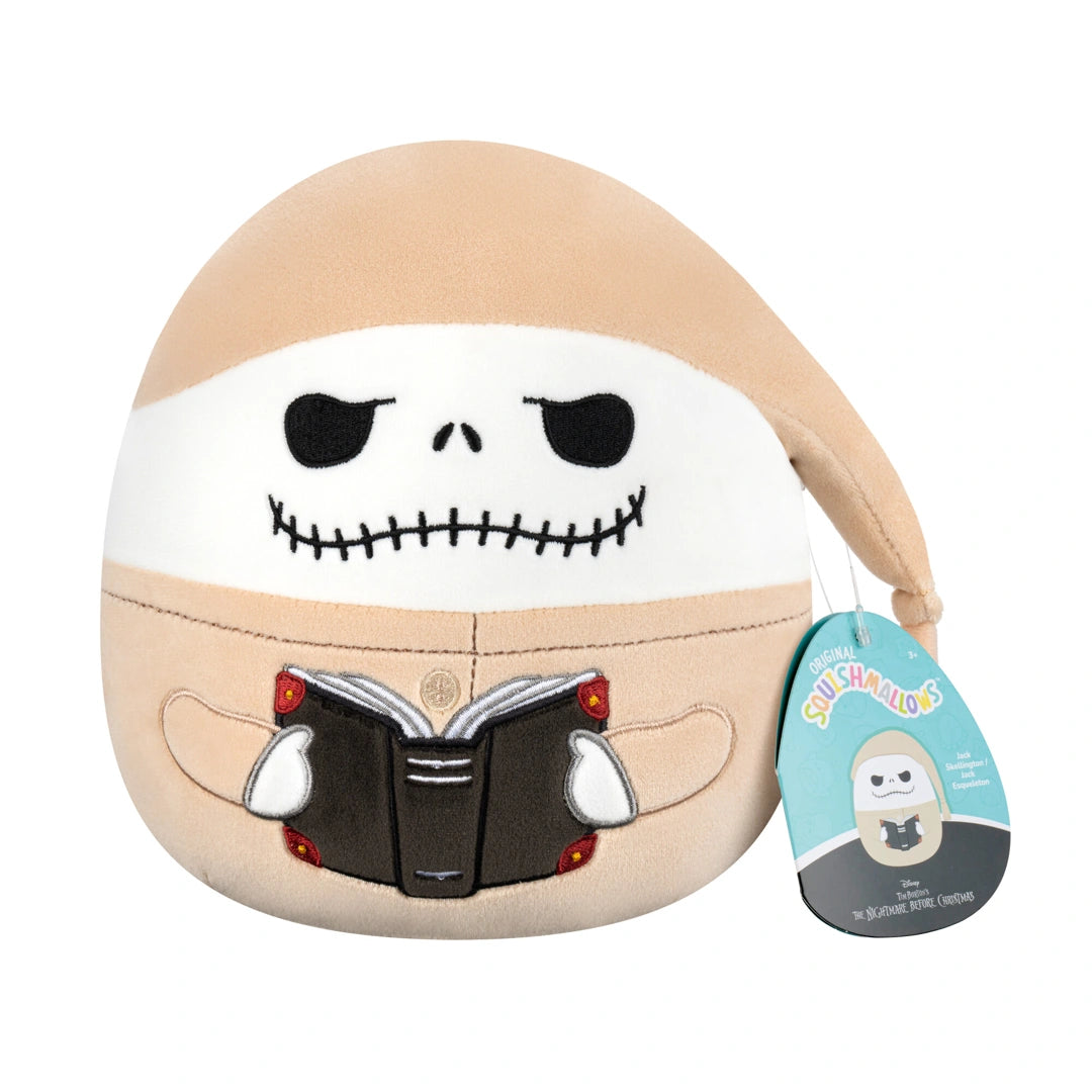Jack Skellington 8-inch Squishmallows plush with hang tag, front view.
