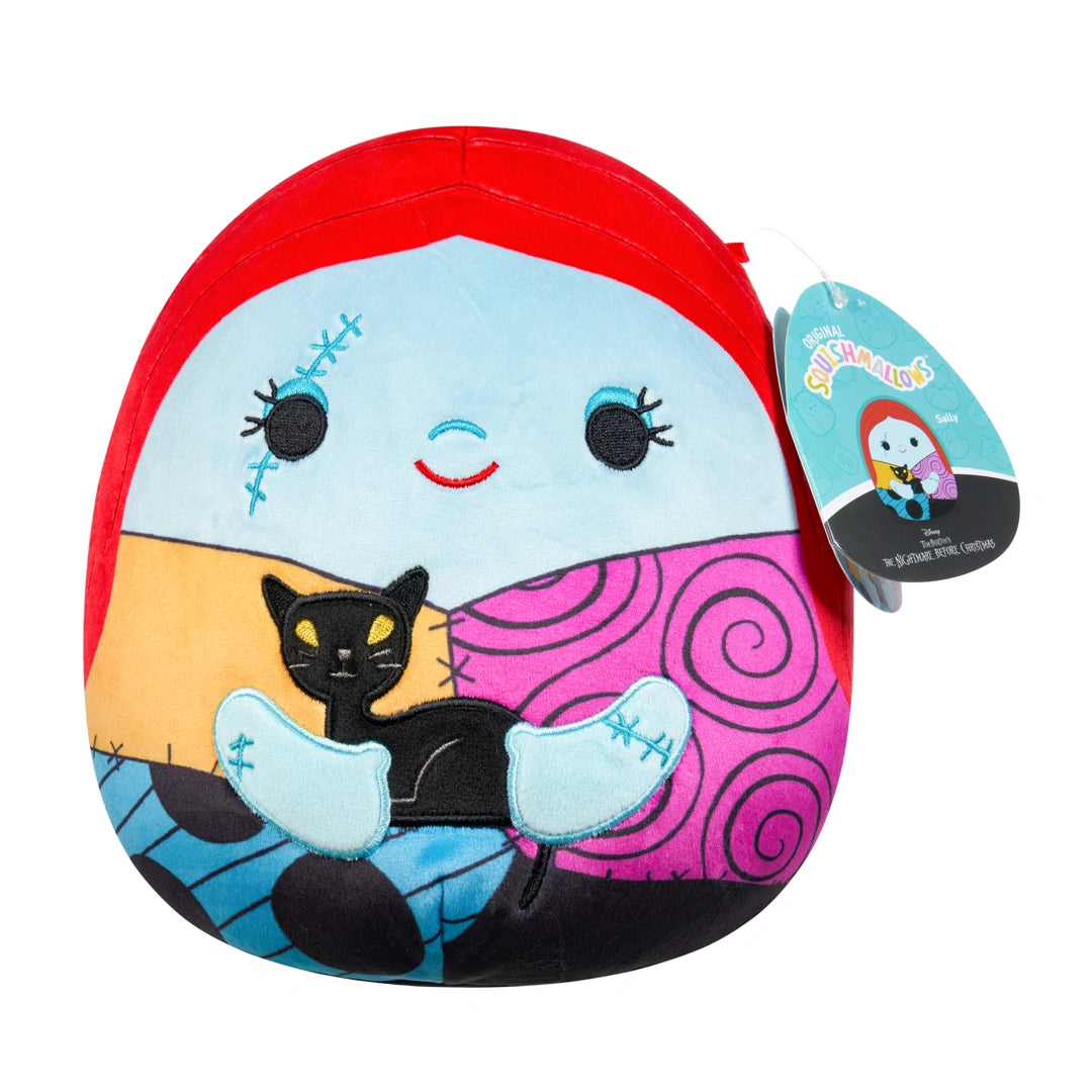 Sally Squishmallows 8-inch plush angled right, holding a black cat.