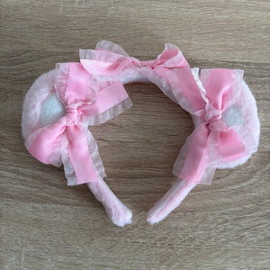 Kawaii Fluffy Bear Ears Headband with Bows – Pink & White