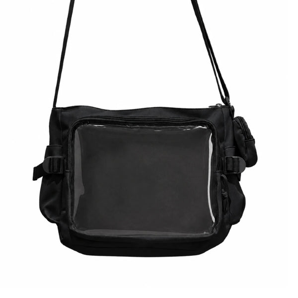 Black ita crossbody bag with clear front panel on a white background