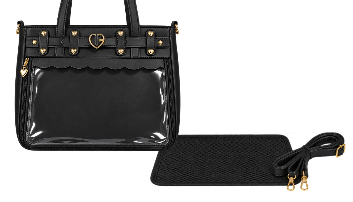 Black ita handbag with a glossy patent front panel, gold-tone hardware, and a detachable black textured mat and shoulder strap on a white background.
