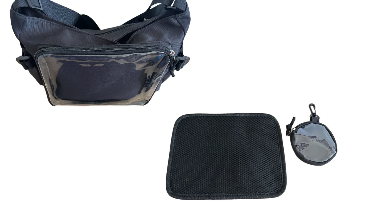 A black ita bag with a clear front pocket, shown alongside a black mesh pouch and a small black zippered case with a clear window on a white background.