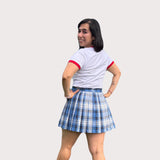 Blue tartan pleated skirt - J K fashion - schoolgirl skirt