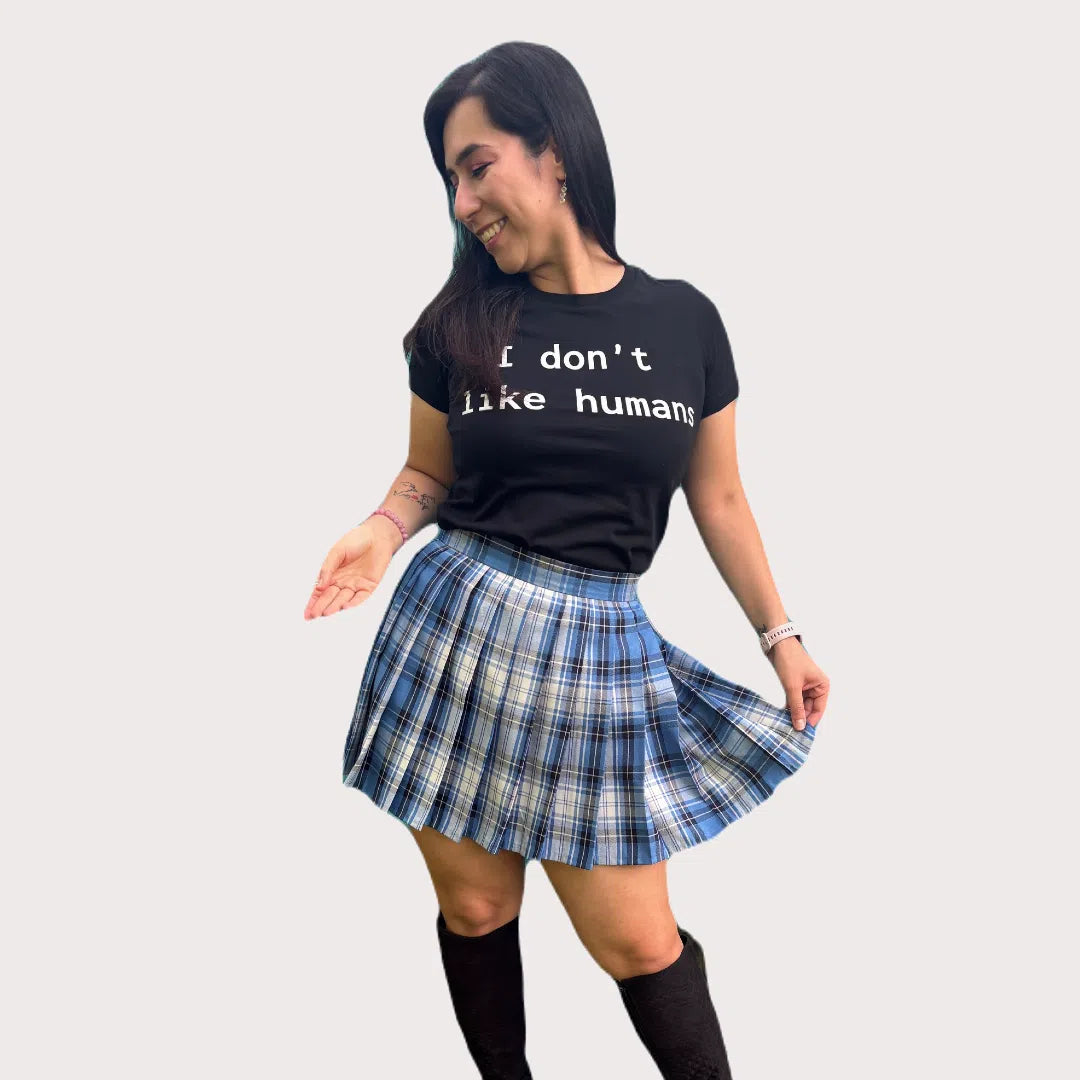 Blue tartan pleated skirt - J K fashion - schoolgirl skirt