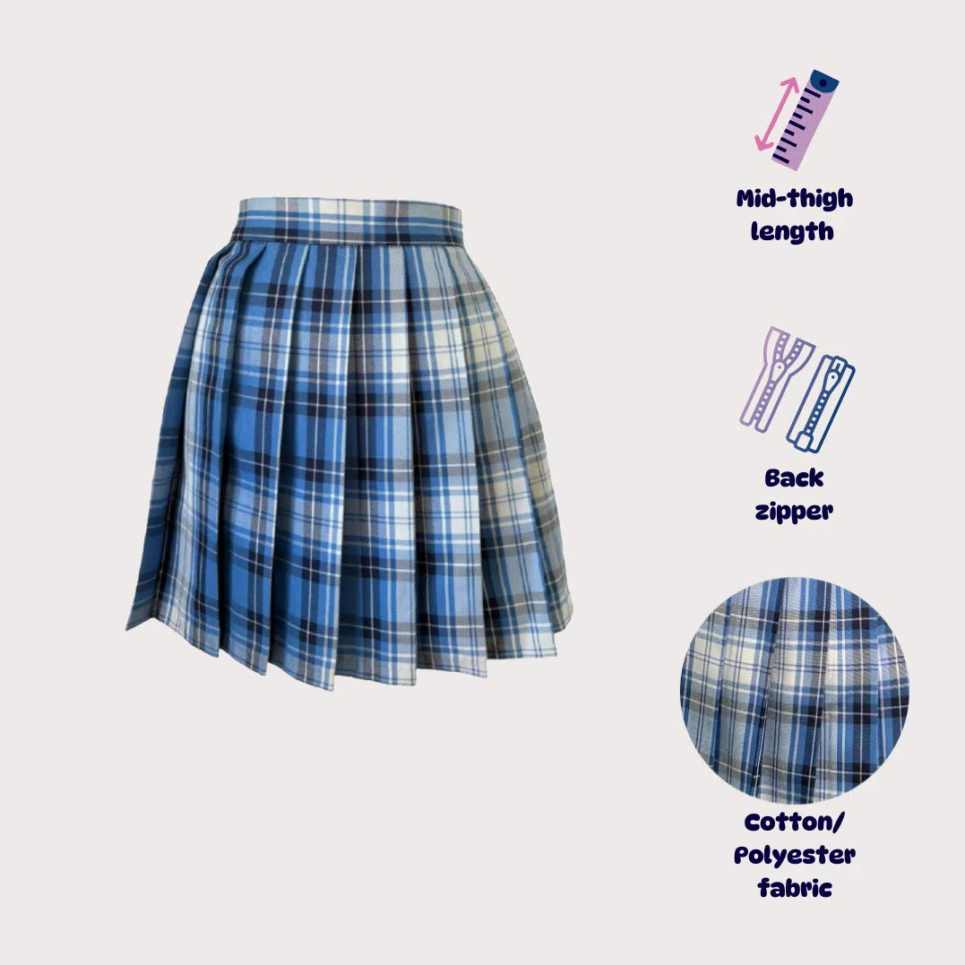 Blue tartan pleated skirt - J K fashion - schoolgirl skirt