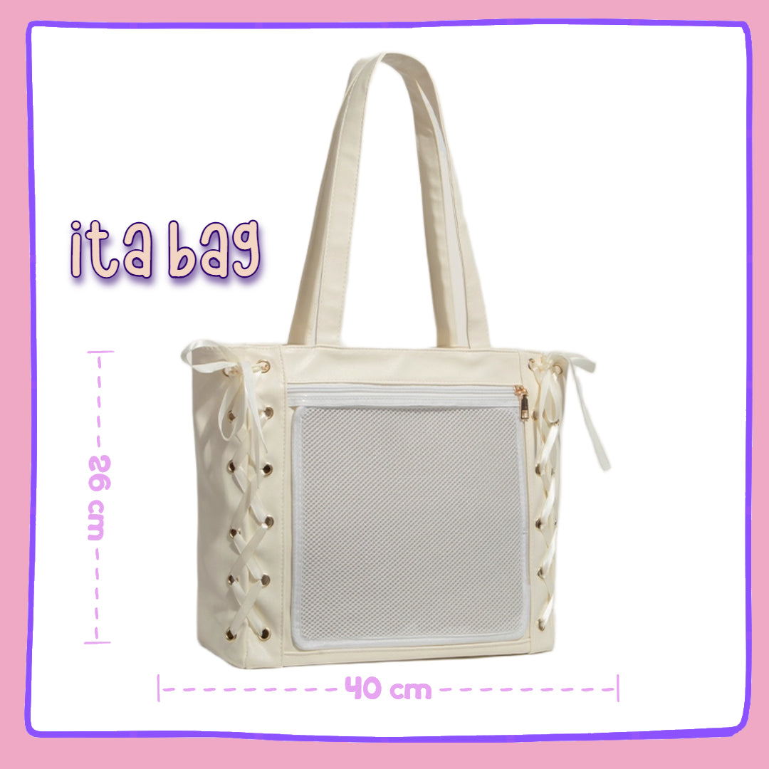 Beige ita bag with mesh side pocket 
