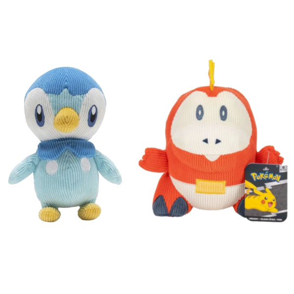Fuecoco and Quaxly 20 cm corduroy plush duo side by side – official licensed Pokémon plush toys