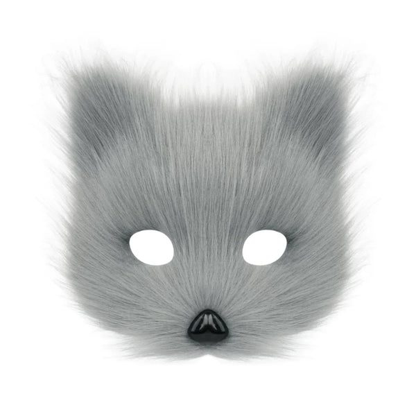 A gray faux fur animal mask shaped like a cat or fox face, featuring hollow white eye cutouts and a small black nose, shown against a plain white background.