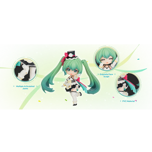 A promotional product image for an anime figure centered on a light green background, with three circular callout windows showing close-up feature details: articulated joints, an expressive face, and PVC material. The figure has long teal pigtails, a black-and-white outfit, and a pink bow accent.