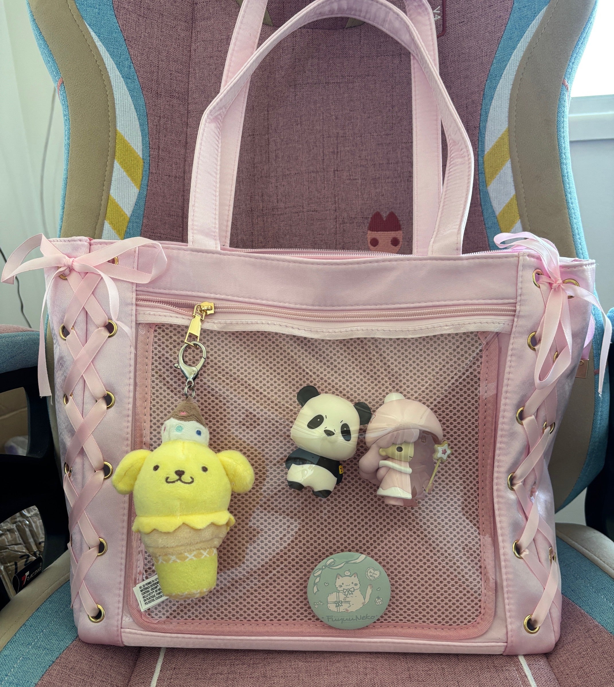 Pink Ita Bag with Clear Display Pocket – Kawaii Shoulder Tote for Plushies, Pins & Keychains