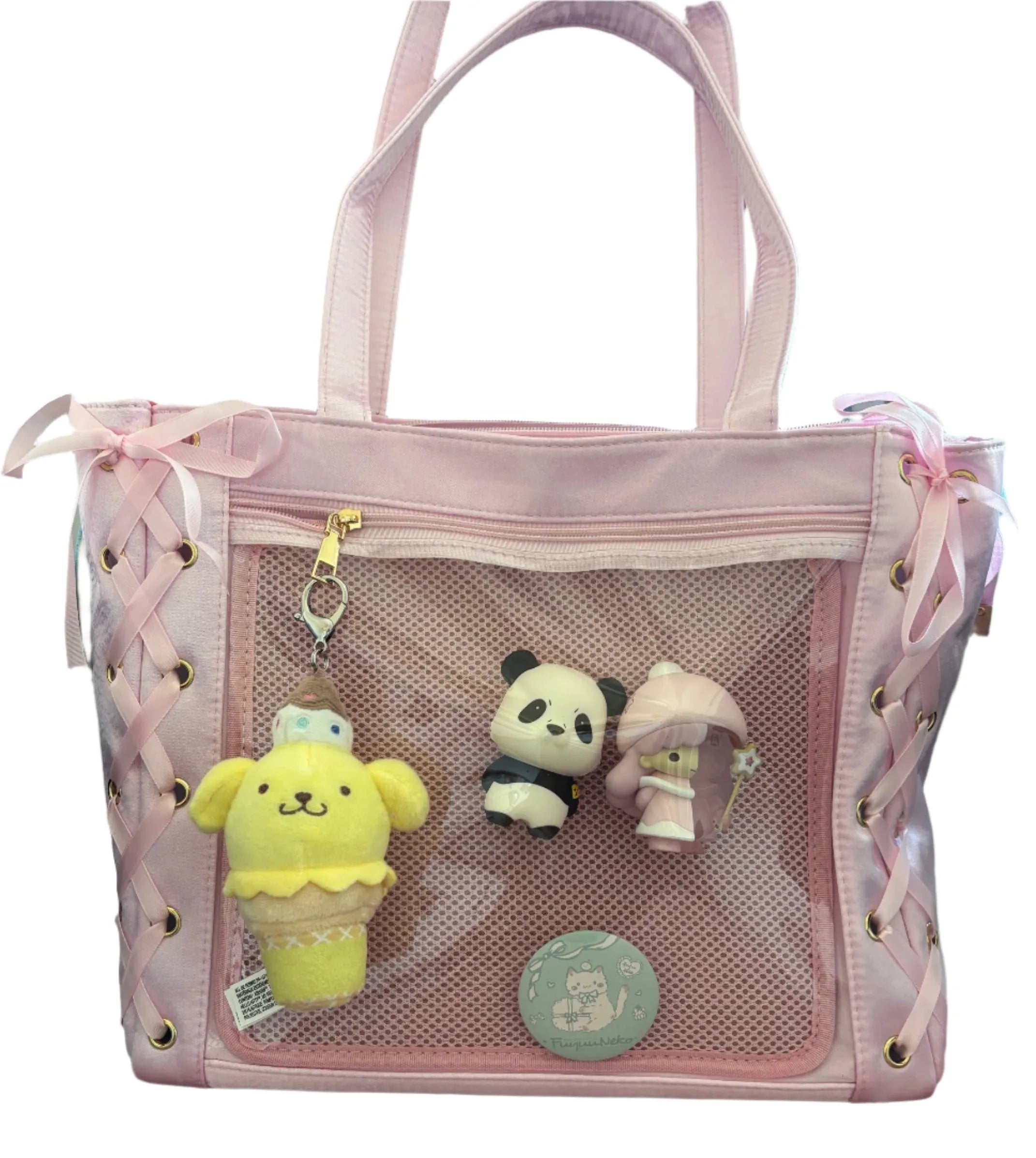 Pink Ita Bag with Clear Display Pocket – Kawaii Shoulder Tote for Plushies, Pins & Keychains
