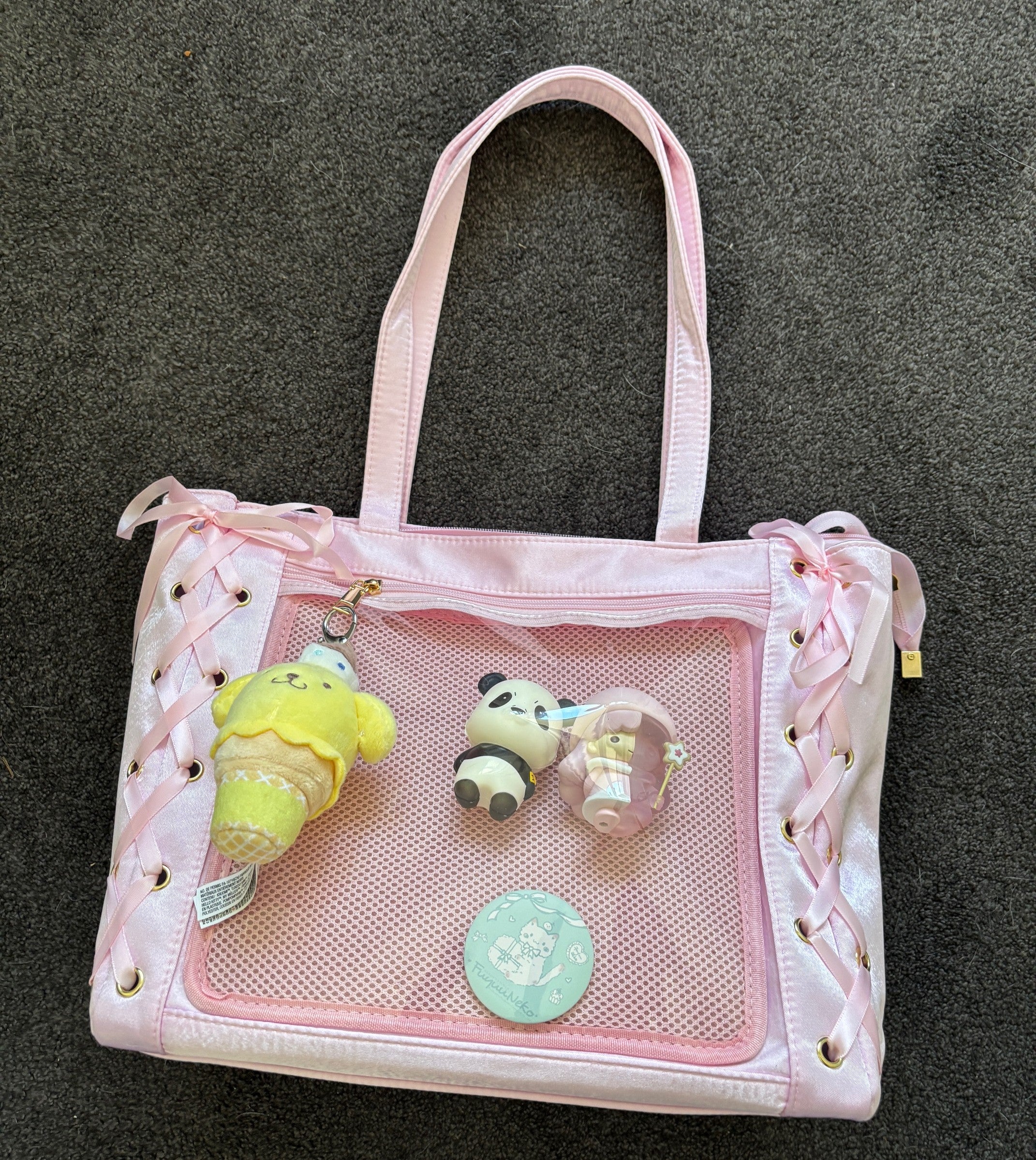 Pink Ita Bag with Clear Display Pocket – Kawaii Shoulder Tote for Plushies, Pins & Keychains