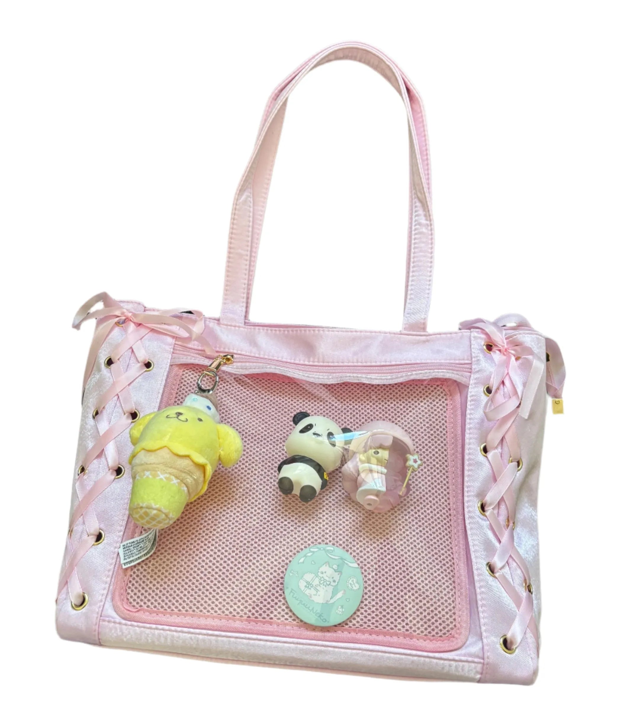 Pink Ita Bag with Clear Display Pocket – Kawaii Shoulder Tote for Plushies, Pins & Keychains