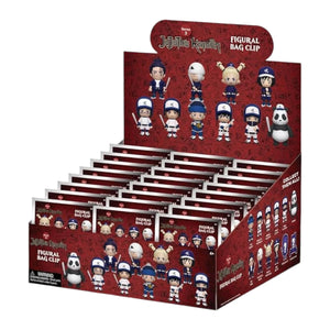 Display box of Jujutsu Kaisen figurine bag clips with various characters on a red background.