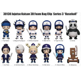 Set of 12 Jujutsu Kaisen 3D foam bag clips with character illustrations on a white background.