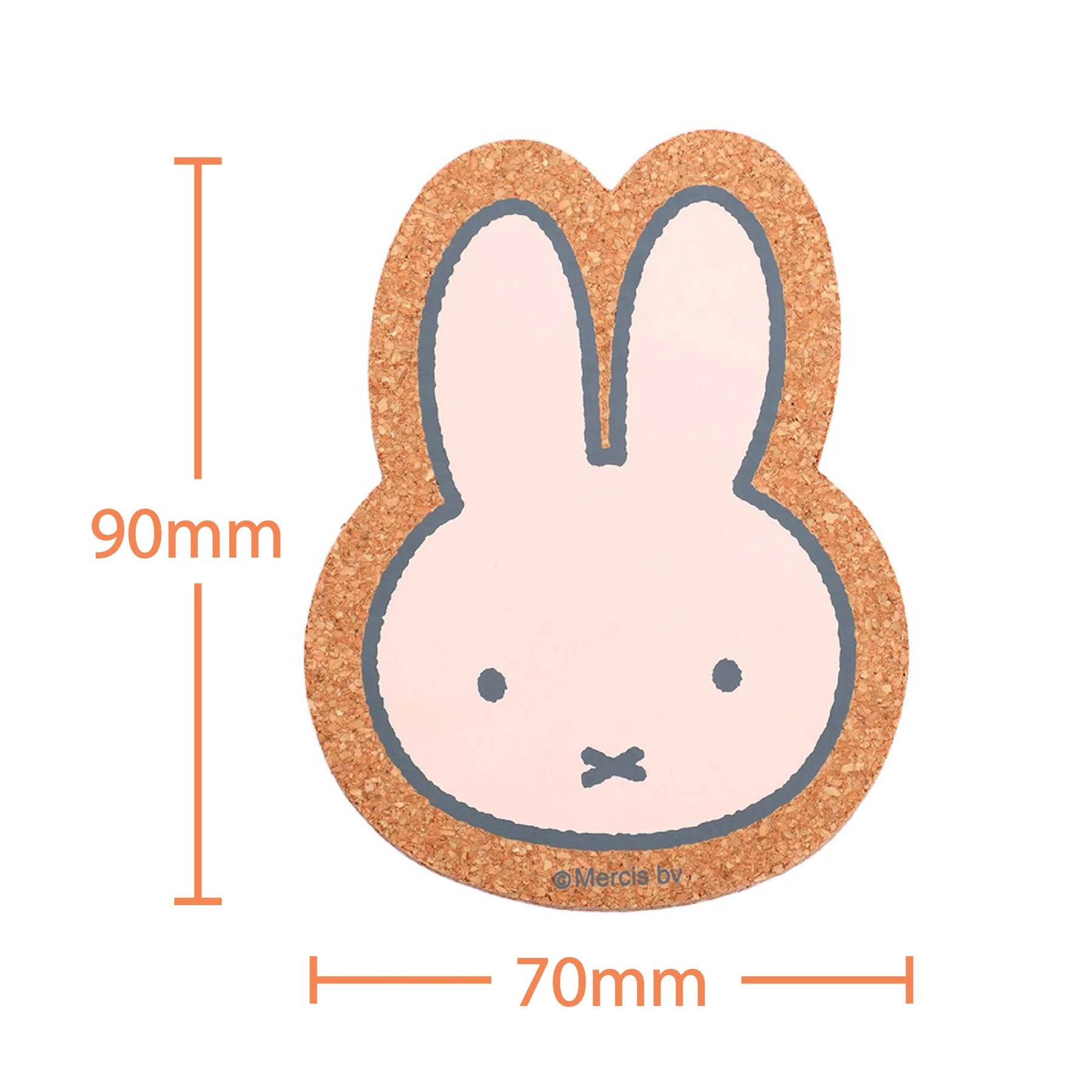 Cork coaster with a cartoon Miffy bunny face and measurements on a white background