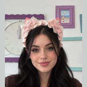 Kawaii Fluffy Cat Ears Headband with Lace & Bows – Pink or Blue