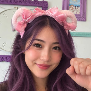 Kawaii Fluffy Bear Ears Headband with Bows – Pink & White