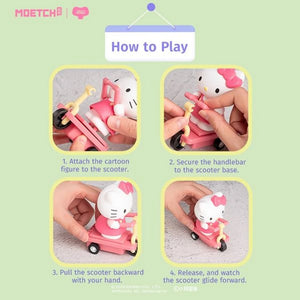 Instructions on how to play with scooter figurine featuring a Hello Kitty character, branded 'MOETCHI'.