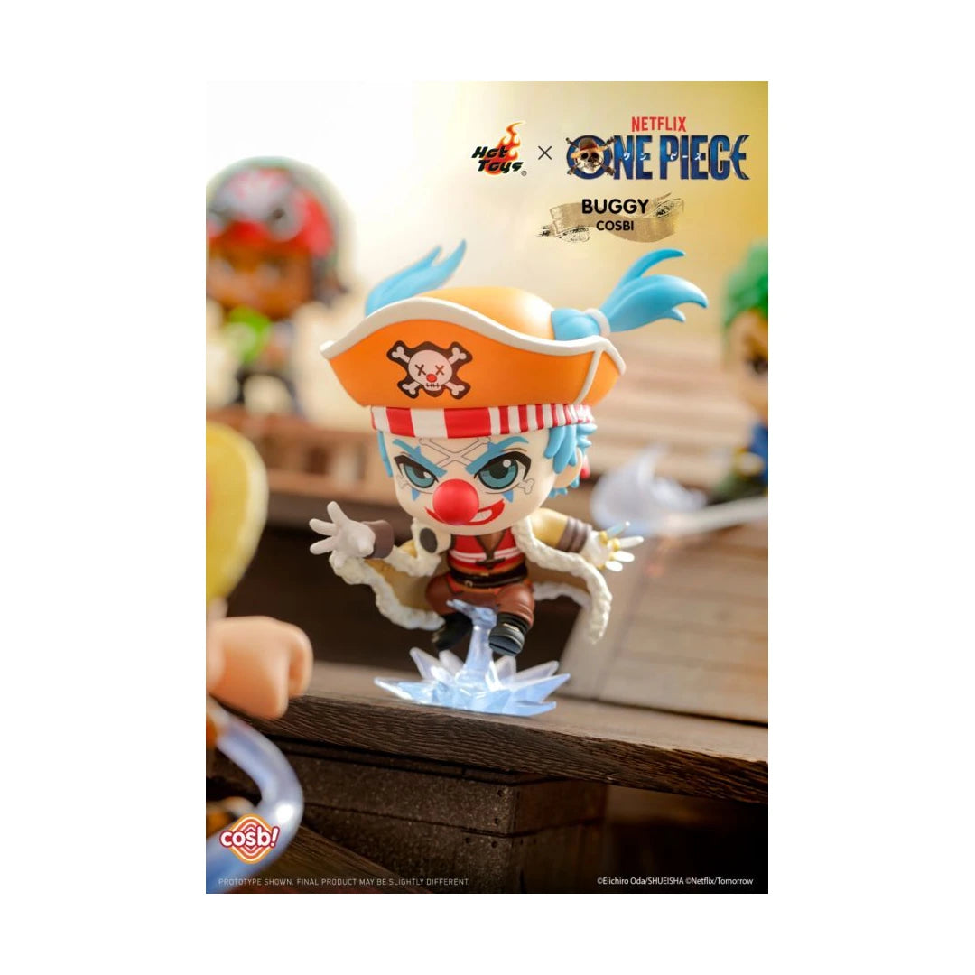 One Piece Buggy Cosplay figure with promotional poster in the background