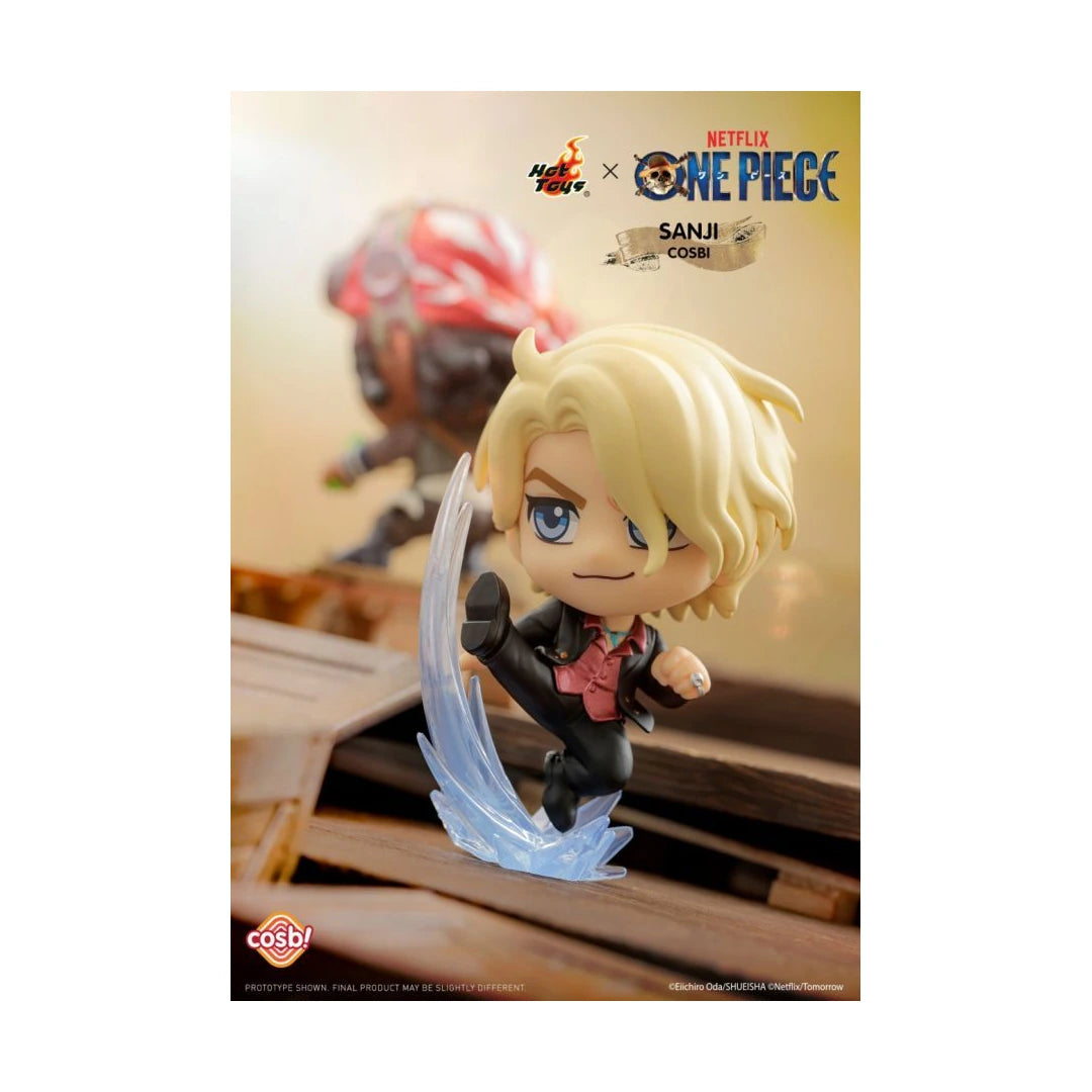 Cosbi Hot Toys x Netflix One Piece Sanji Coast figure, featuring a blonde anime character in a black and red outfit with a blue energy blade, set against a themed backdrop.