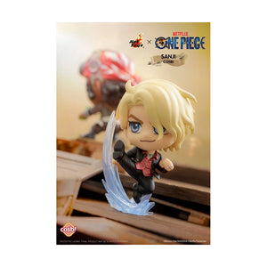 Cosbi Hot Toys x Netflix One Piece Sanji Coast figure, featuring a blonde anime character in a black and red outfit with a blue energy blade, set against a themed backdrop.