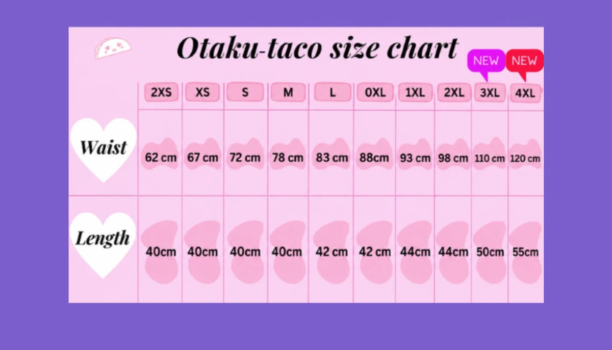 A pink Otaku-taco size chart graphic on a purple background, showing waist and length measurements for sizes 2XS through 4XL.