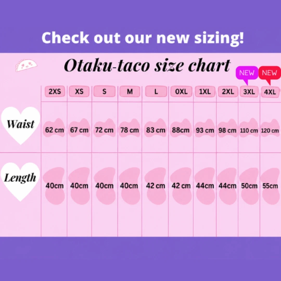 A pink and purple size chart graphic titled 'Otaku-taco size chart' with columns for sizes 2XS through 4XL, showing waist and length measurements in centimeters. The text at the top reads 'Check out our new sizing!'.