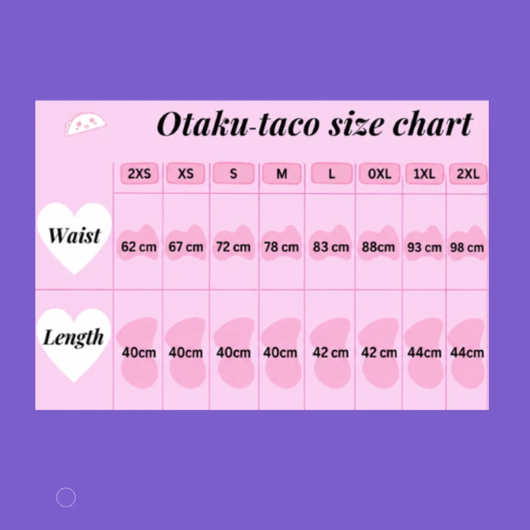 A pink size chart labeled 'Otaku-taco size chart' with columns for sizes 2XS through 2XL and rows for waist and length measurements in centimeters, set on a purple background.
