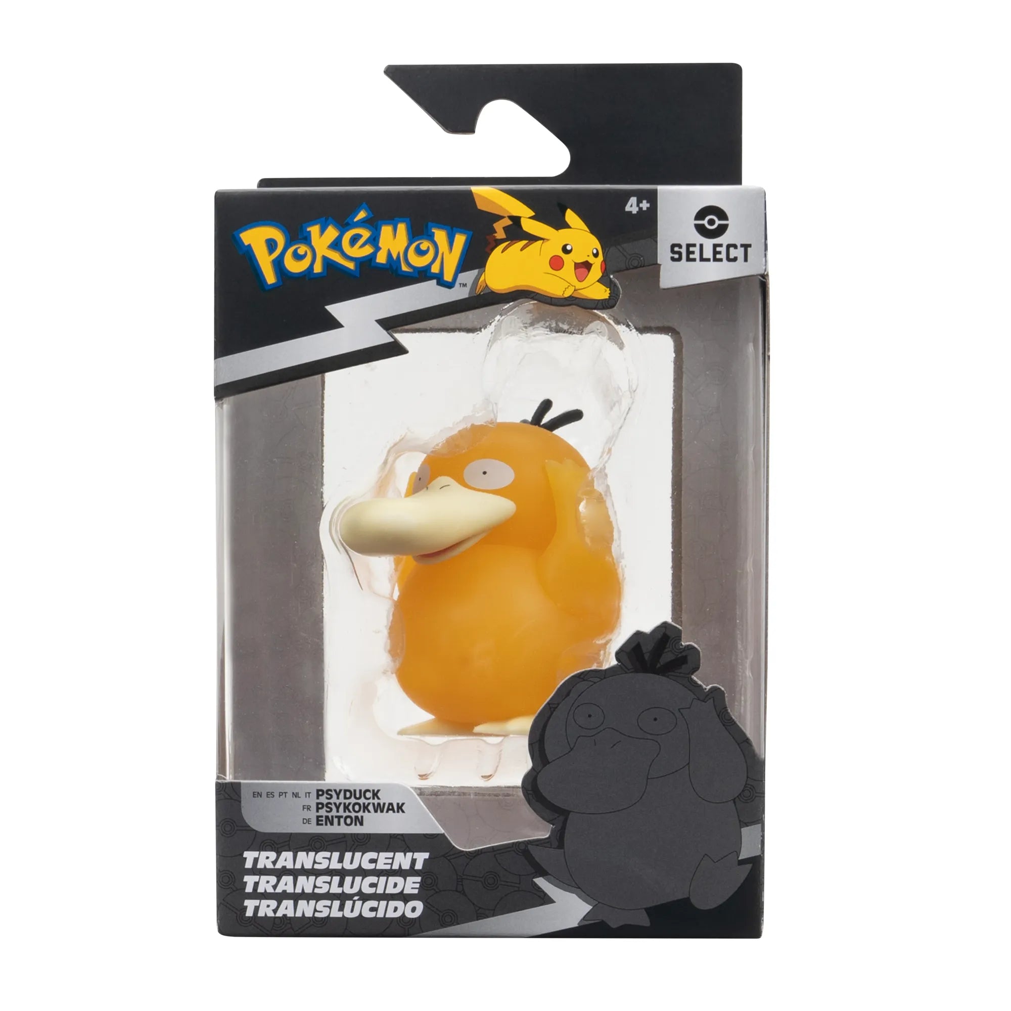 Pokémon Psyduck figure in packaging with Pokémon logo for 4 years and over