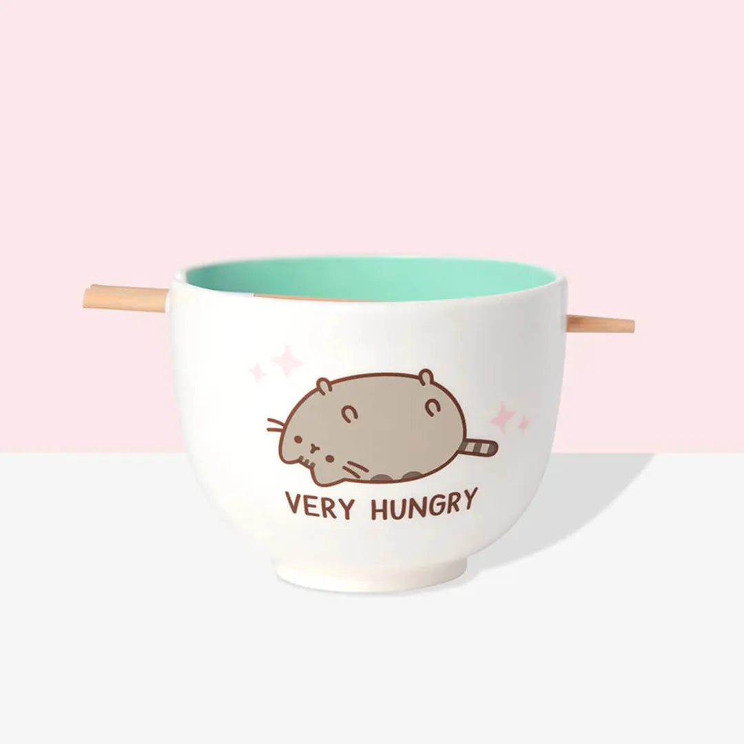 Kawaii cat ramen bowl with 'Very Hungry' text and chopsticks