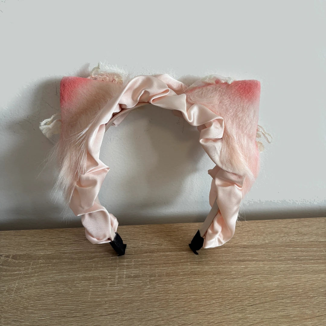 Kawaii Fluffy Cat Ears Headband with Lace & Bows – Pink or Blue