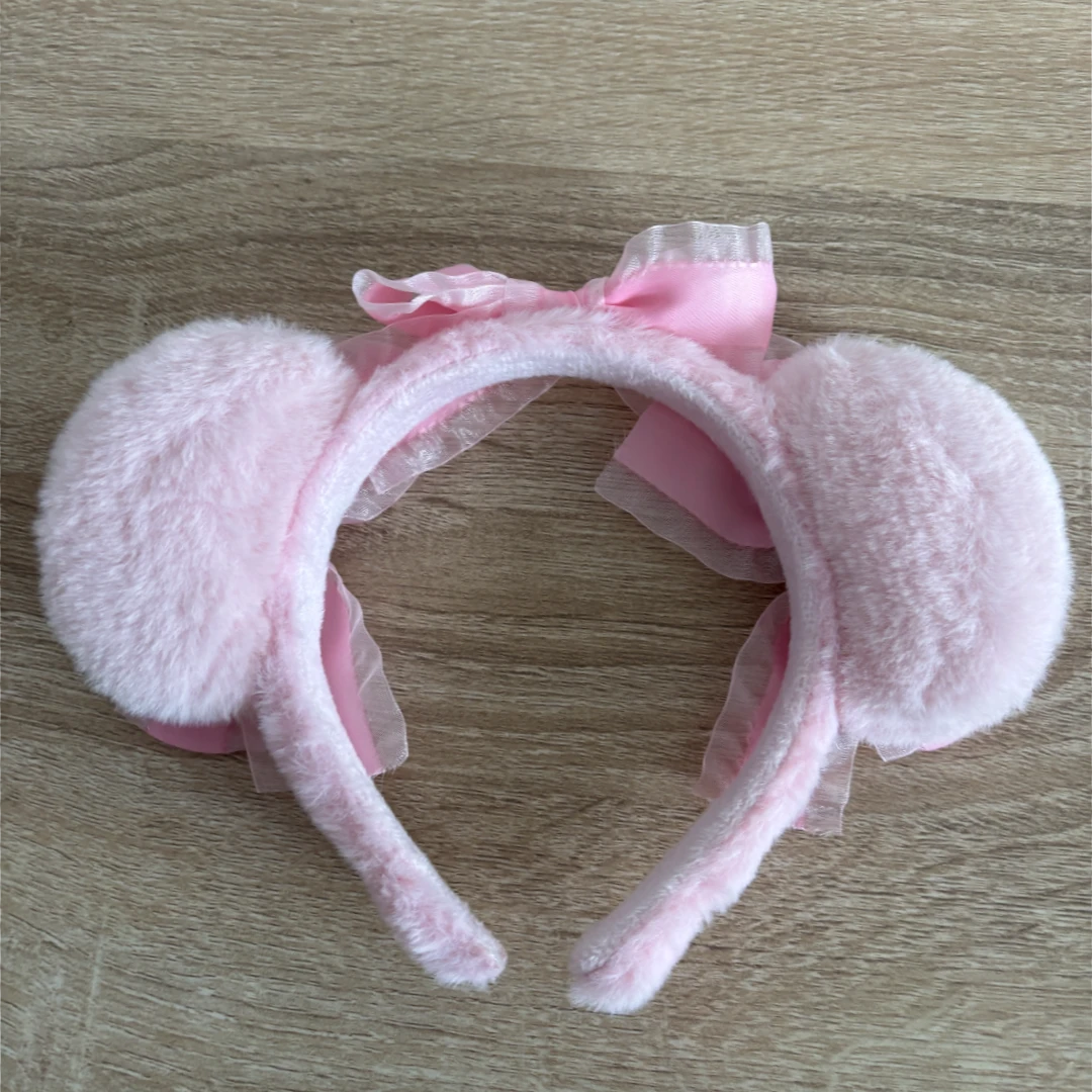 Kawaii Fluffy Bear Ears Headband with Bows – Pink & White