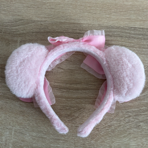 Kawaii Fluffy Bear Ears Headband with Bows – Pink & White