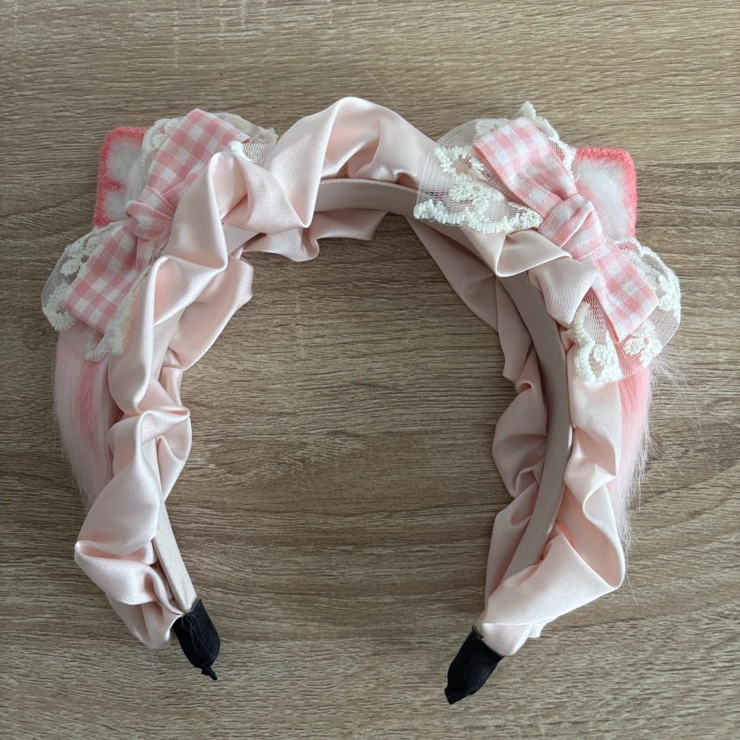 Kawaii Fluffy Cat Ears Headband with Lace & Bows – Pink or Blue